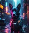 Police shepherd dog with futuristic necklace in dystopian city street, generative ai