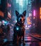 Police shepherd dog with futuristic necklace in dystopian city street, generative ai