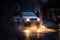 Police Vehicle with its Headlights Shed Light on Steam Cominf of the Sewers in Lower Manhattan, New York City