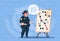 Police Woman Planning Action On White Board Wearing Uniform Female Guard On Blue Bricks Background