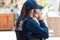 Police women observing in main place with headset