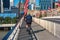 Police worker cycling a bridge in Brisbane