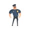 Policeman In American Cop Uniform With Truncheon, Radio, Gun Holster And Sunglasses Standing Talking Into Walkie-Talkie