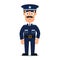 Policeman cartoon character standing confidently, wearing police uniform, mustache