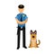 Policeman character in a blue uniform standing with german shepherd, police dog Illustration