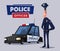 Policeman character and police car. Cartoon vector illustration