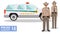 Policeman concept. Detailed illustration of american policeman and policewoman standing together near the police car