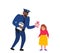 Policeman officer helps to little crying girl give her a bear toy