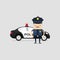 Policeman officer in uniform with police car. Funny cop cartoon character.