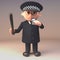 Policeman police officer in 3d blowing his whistle while wielding a truncheon, 3d illustration