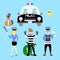 policeman and policewoman with car, thief, dog in blue background