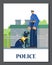 Policeman with service dog on duty banner or poster, flat vector illustration.