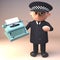 Policeman in uniform character in 3d holding an old typewriter, 3d illustration