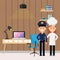 Policeman and woman chef labor office desk computer chair lamp