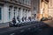 The policemen sitting on motorbikes during the protest in the street  of New York near the building City Hall.