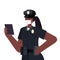 Policewoman in uniform wearing mask to prevent coronavirus pandemic labor day celebration concept