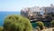 Polignano a mare: trees on the breathtaking sight, Apulia, Italy. Italian panorama. Cliffs on adriatic sea.