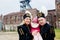 Polish black coal miners family in gala uniforms with child.