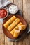 Polish Krokiety Croquettes with ground meat served with sauces closeup on the plate. Vertical top view