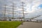 Polish sail training ship Dar Mlodziezy the Gift of Youth in Gdynia port over Baltic Sea