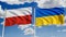 Polish and Ukrainian flags over blue sky. Concept of diplomacy, agreement, international relations, trading, business