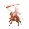 Polish warrior on horse. Military horseman, armored rider riding with Medieval Poland flag on horseback. History soldier