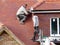 Polish workmen fitting gutter to fascia board of new house roof dormer