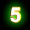 Polished yellow and white creative shining green font - number 5 isolated on black color, 3D illustration of symbols