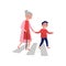 Polite boy helps elderly woman to cross the road. Cheerful school kid and old lady. Child with good manners. Flat vector