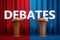 Political debates, struggle for leadership, power, appeal to voters, two candidates. Two wooden stands with microphones on a blue-