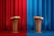 Political debates, struggle for leadership, power, appeal to voters, two candidates. Two wooden stands with microphones. Mixed