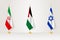 Political gathering of governments. Flags of Iran, Palestine and Israel