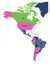 Political map of Americas in four colors on white background. North and South America with country labels. Simple flat
