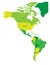 Political map of Americas in four shades of green on white background. North and South America with country labels