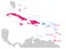 Political map of Carribean. Pink highlighted sovereign states and blue dependent territories. Simple flat vector