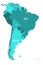 Political map of South America. Simple flat vector map with country name labels in four shades of turquoise blue