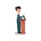 Politician man character standing behind rostrum and giving a speech, public speaker, political debates, side view