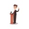 Politician man character standing behind rostrum and giving a speech, public speaker, political debates vector