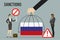 Politician`s hand lowers the cage on flag of Russia. Russian flag locked under sanctions. Economic and political ban, embargo are