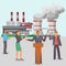 Politician speech, pollution factory, environmental contamination flat vector illustration. Character perform, eco