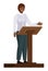 Politician woman standing behind rostrum and giving a speech. Female gives lecture stand near podium