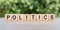 POLITICS word written on wooden blocks. The text is written in black letters and is reflected in the mirror surface of the table.