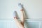 Polka Sock. Selfie Legs and Feet Wear White Socks with Polka Dot Background
