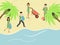 Polluted beach, healthy vacation, garbage collection and collecting plastic pollutes environment, cartoon vector