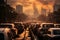 Polluted city with chaotic traffic, highlighting the hazardous environmental impact of vehicles congestion and air pollution. Ai