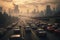 Polluted city with chaotic traffic, highlighting the hazardous environmental impact of vehicles congestion and air pollution. Ai