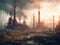 Polluted cyberpunk landscape with smokestacks