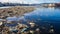 A polluted harbor with litter and pollution in the water