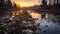 Polluted River at Sunset: A Hauntingly Beautiful Scene of Industrial Waste Amidst Golden Hues