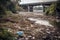 Polluted Riverbank Littered With Debris. Generative AI